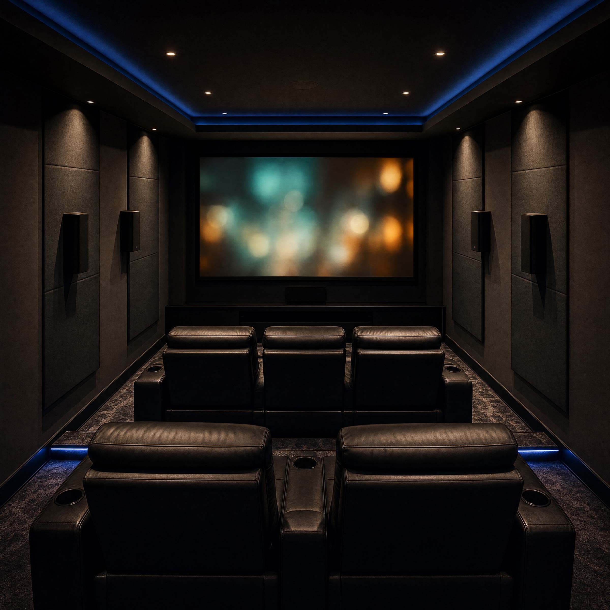 A dedicated luxury home theater seen from the rear — two rows of leather recliners facing a large glowing calibrated screen with indigo step lighting